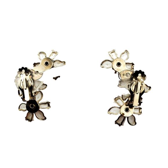 White Flower Clip Earrings Ear Climbers Rhinestones Lucite Petal 60s Mid Century - Picture 5 of 7